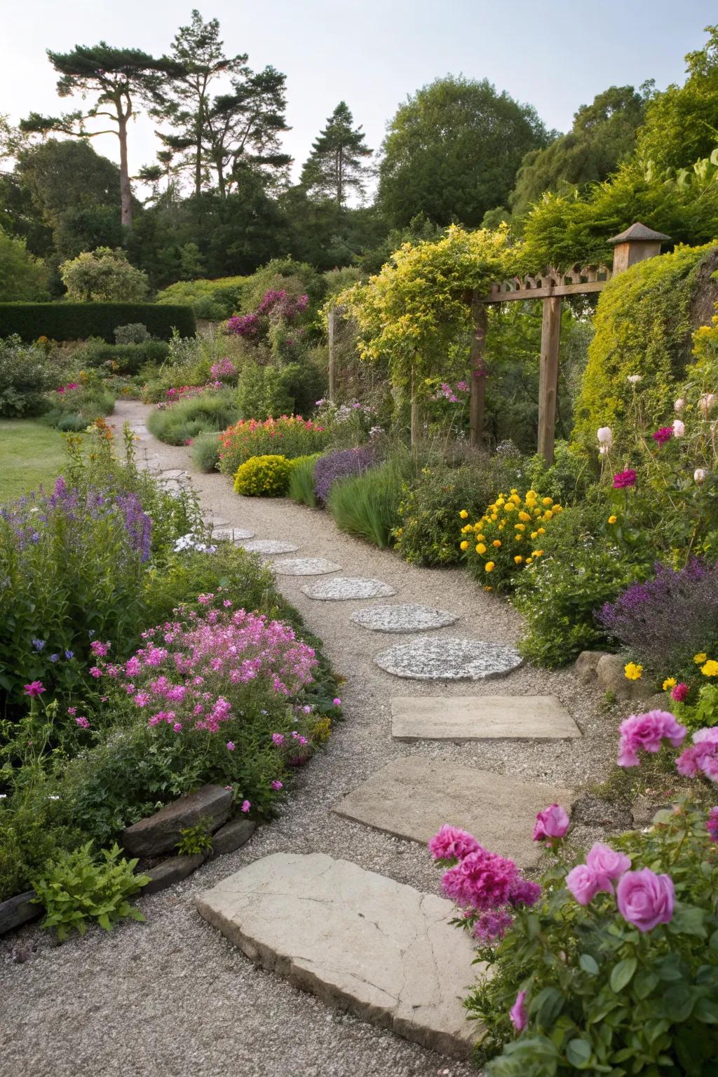 Wander through lush garden pathways with gravel and stones.