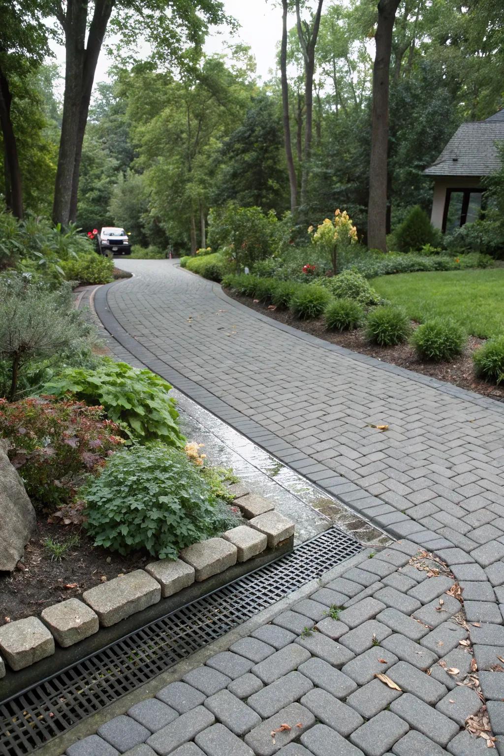 Permeable pavers beautifully integrated into a gravel driveway.