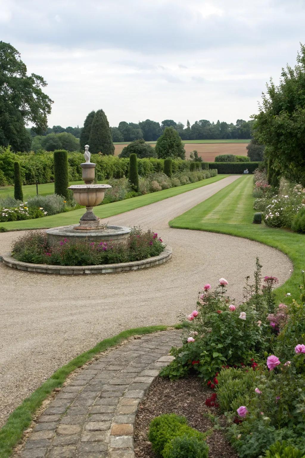 A circular gravel driveway with a decorative center island.