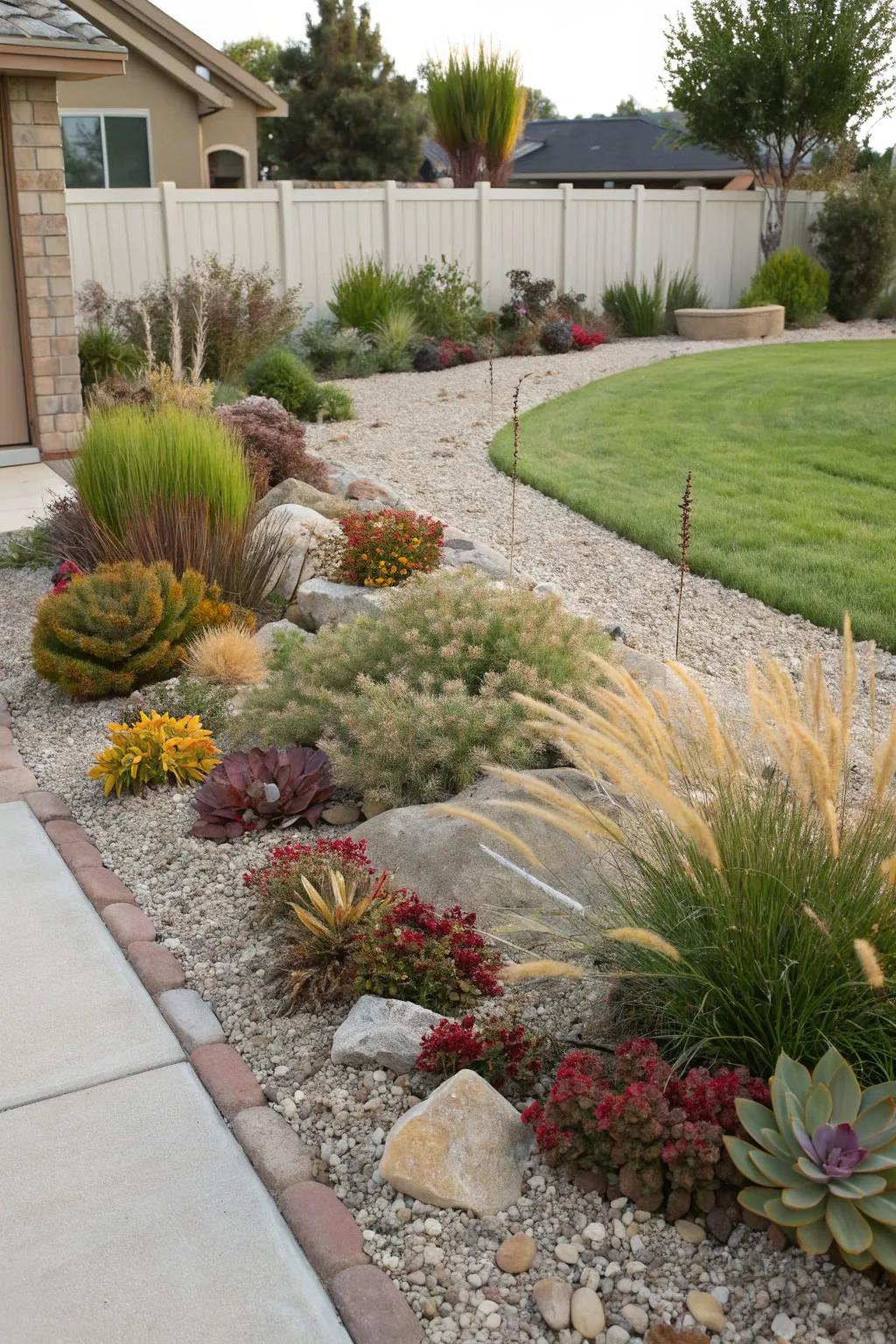 A lush display of drought-resistant plants in a gravel garden.