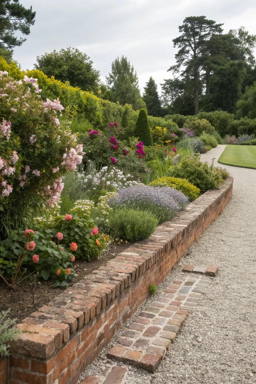 Gravel area with neat brick edging in a garden.