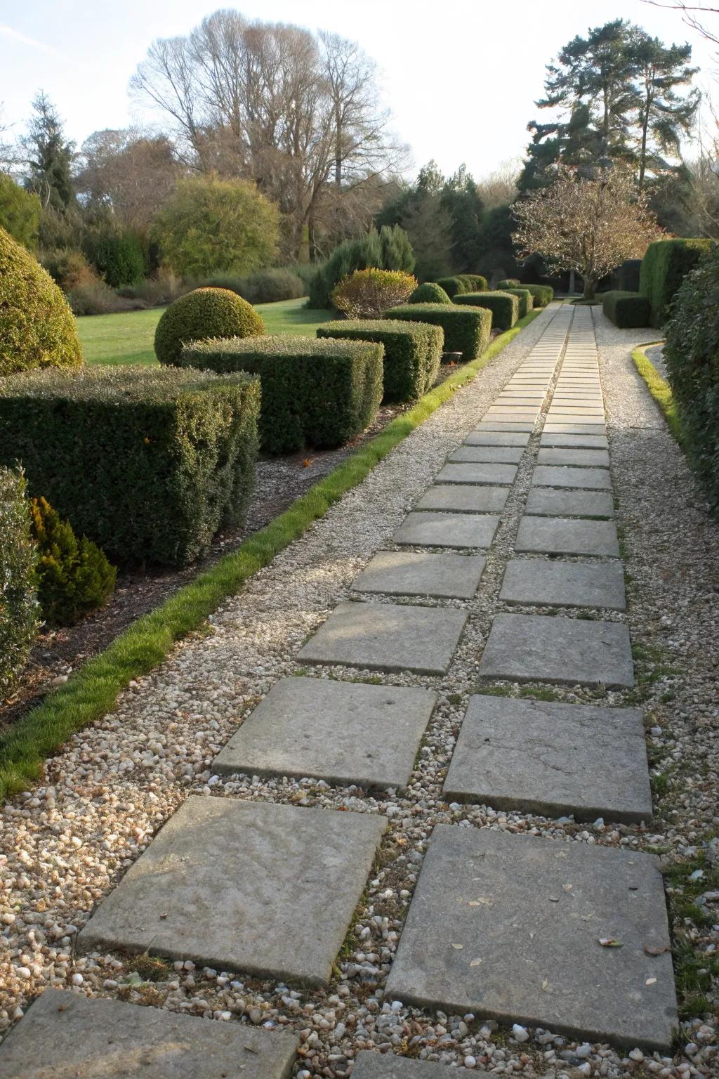A harmonious blend of gravel and pavers creating a unique garden path