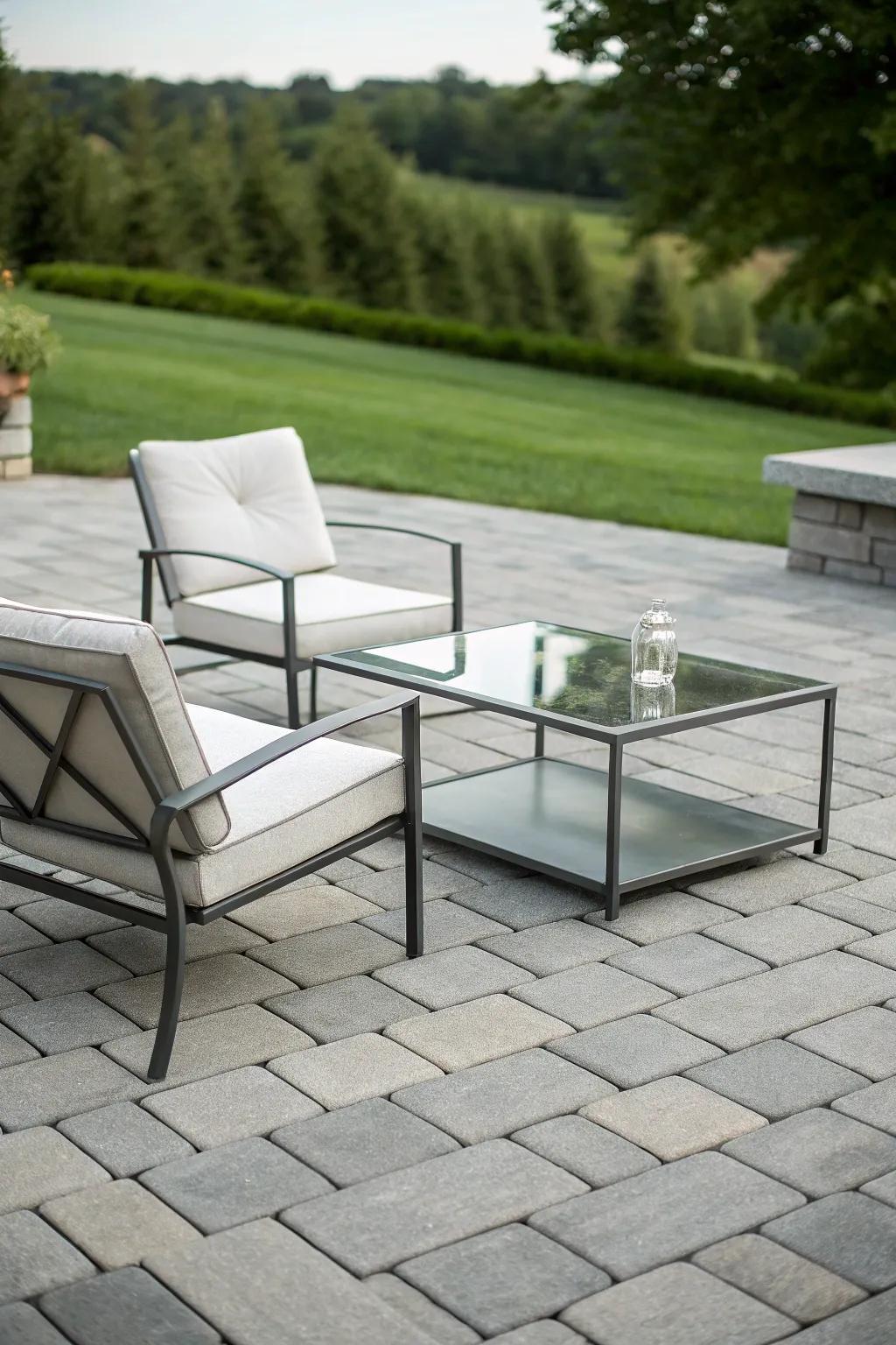 Sleek, minimalist furniture enhances the modern feel of a gray paver patio.