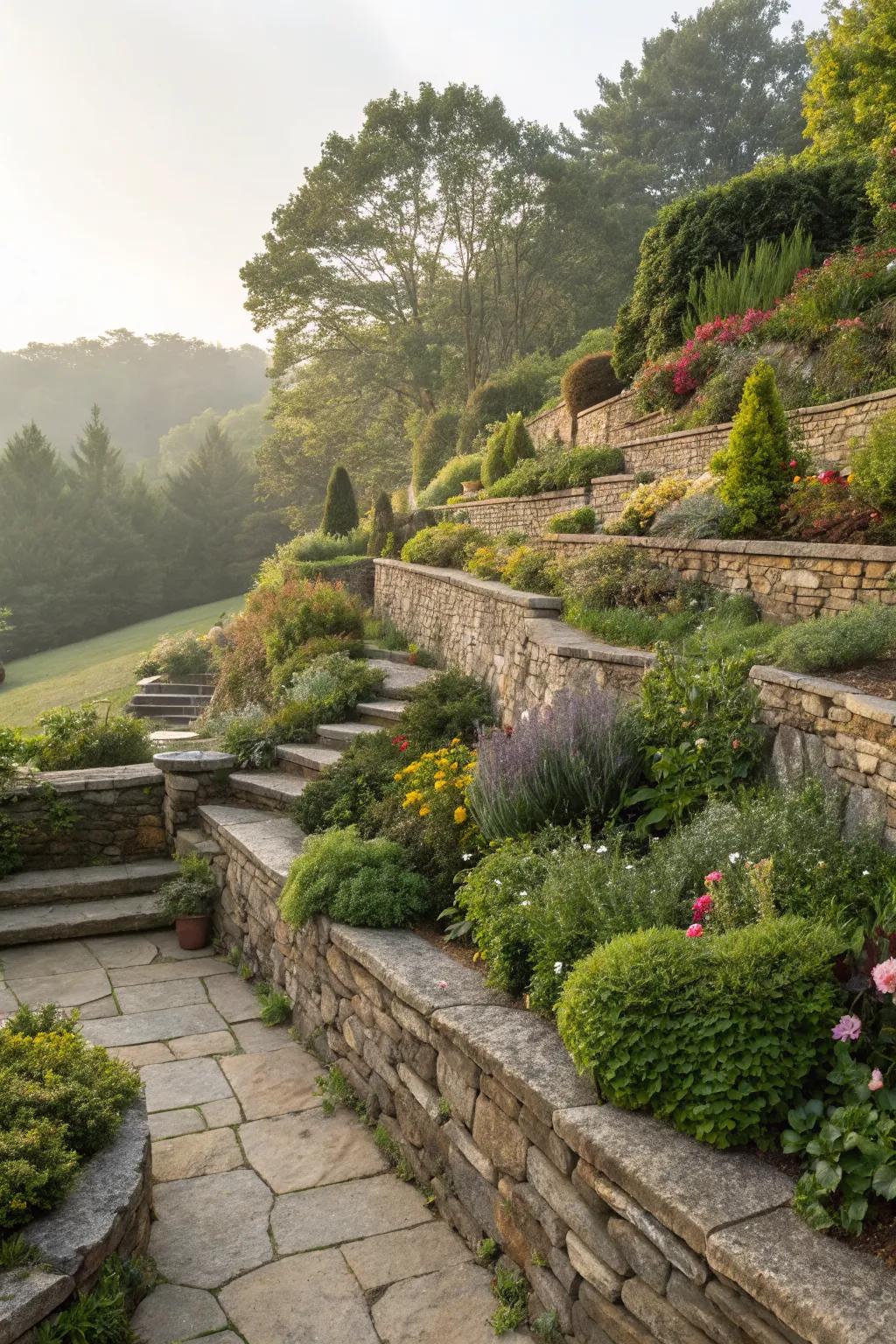 Tiered gardens offer depth and a chance to showcase multiple plant varieties