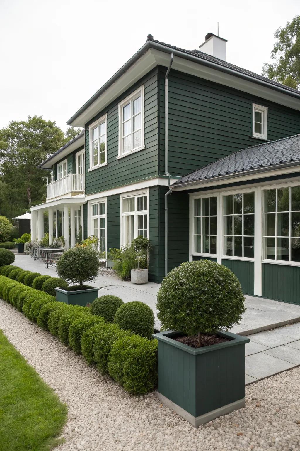 Dark green exteriors with white trim create a dramatic and stylish look.