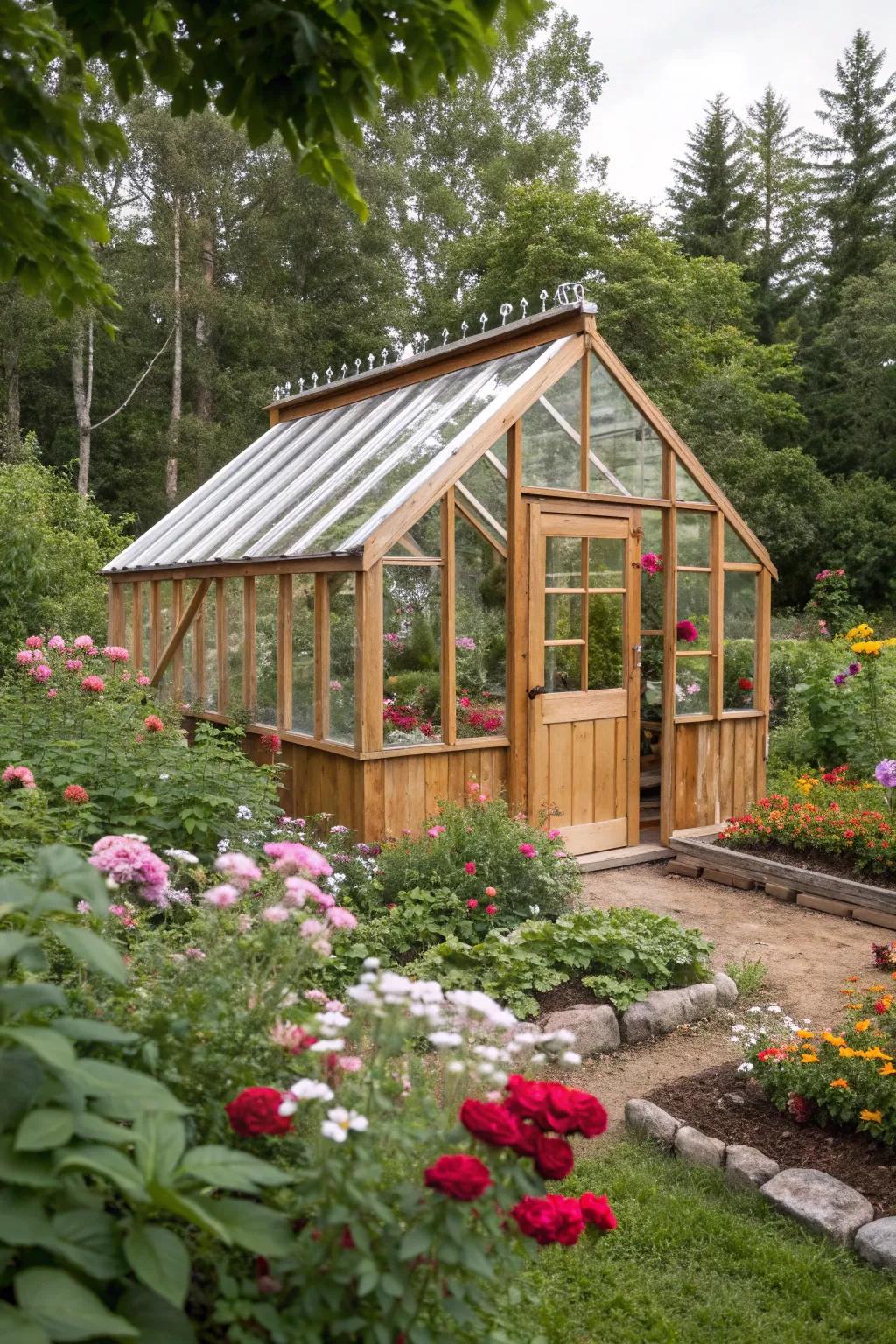 Wooden frames add rustic charm and functionality to your greenhouse base.