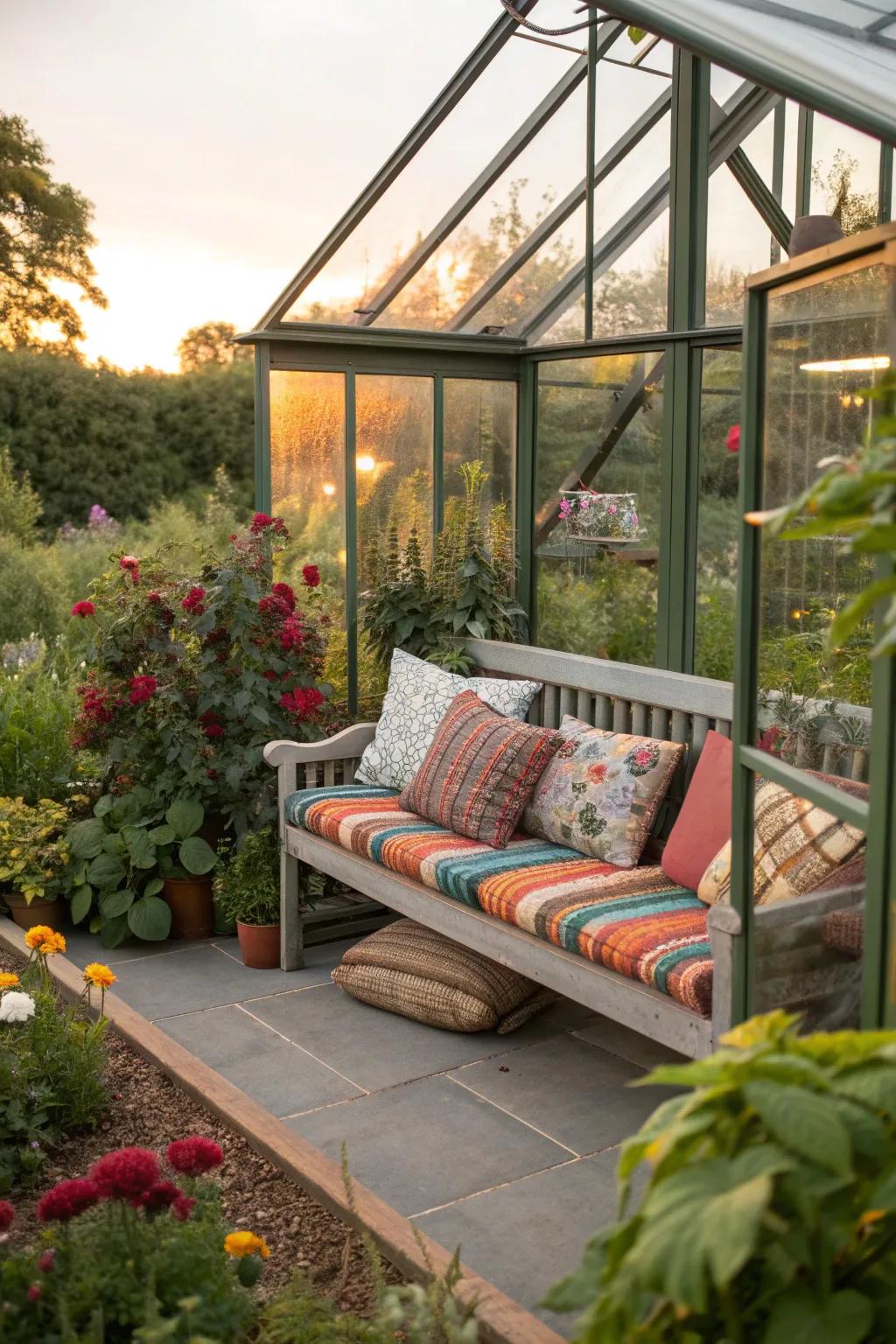 A comfortable seating area invites you to relax and enjoy your greenhouse.