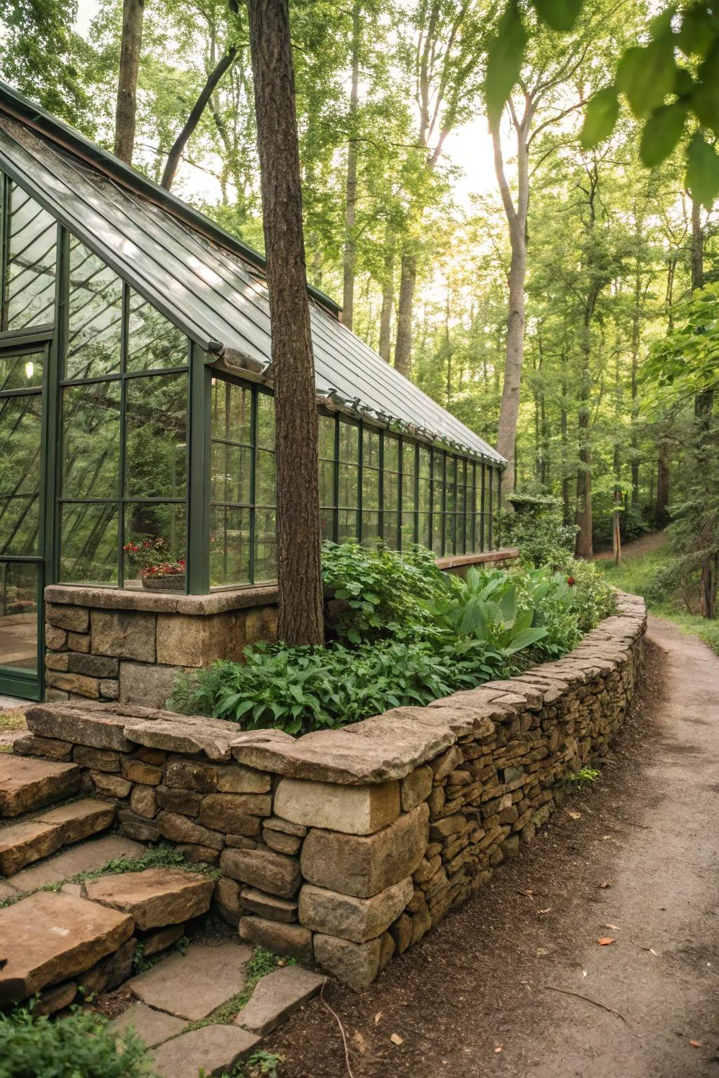 Rustic charm with stacked stone skirting on this greenhouse.