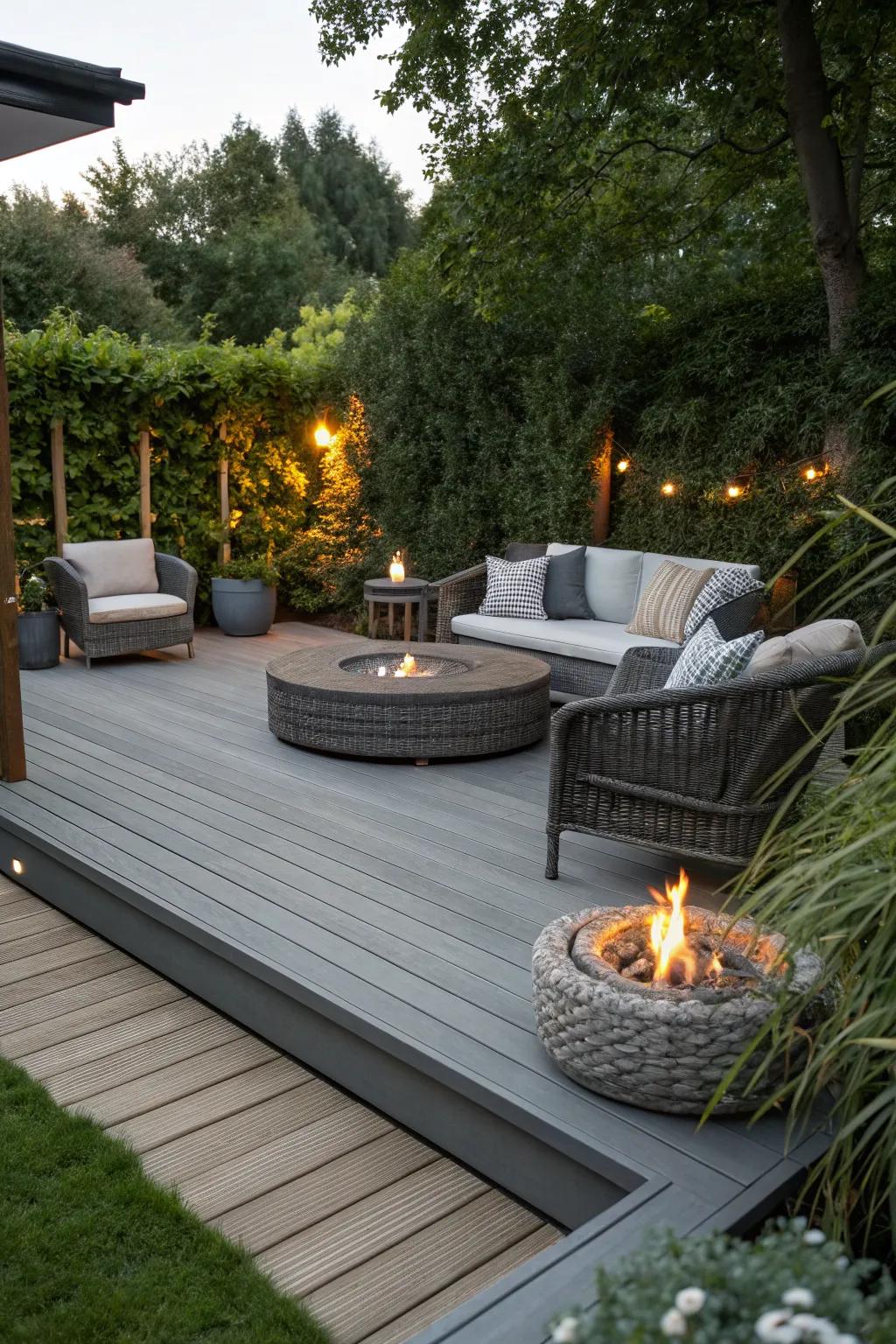 A cozy fire pit setup on grey composite decking, perfect for chilly evenings.