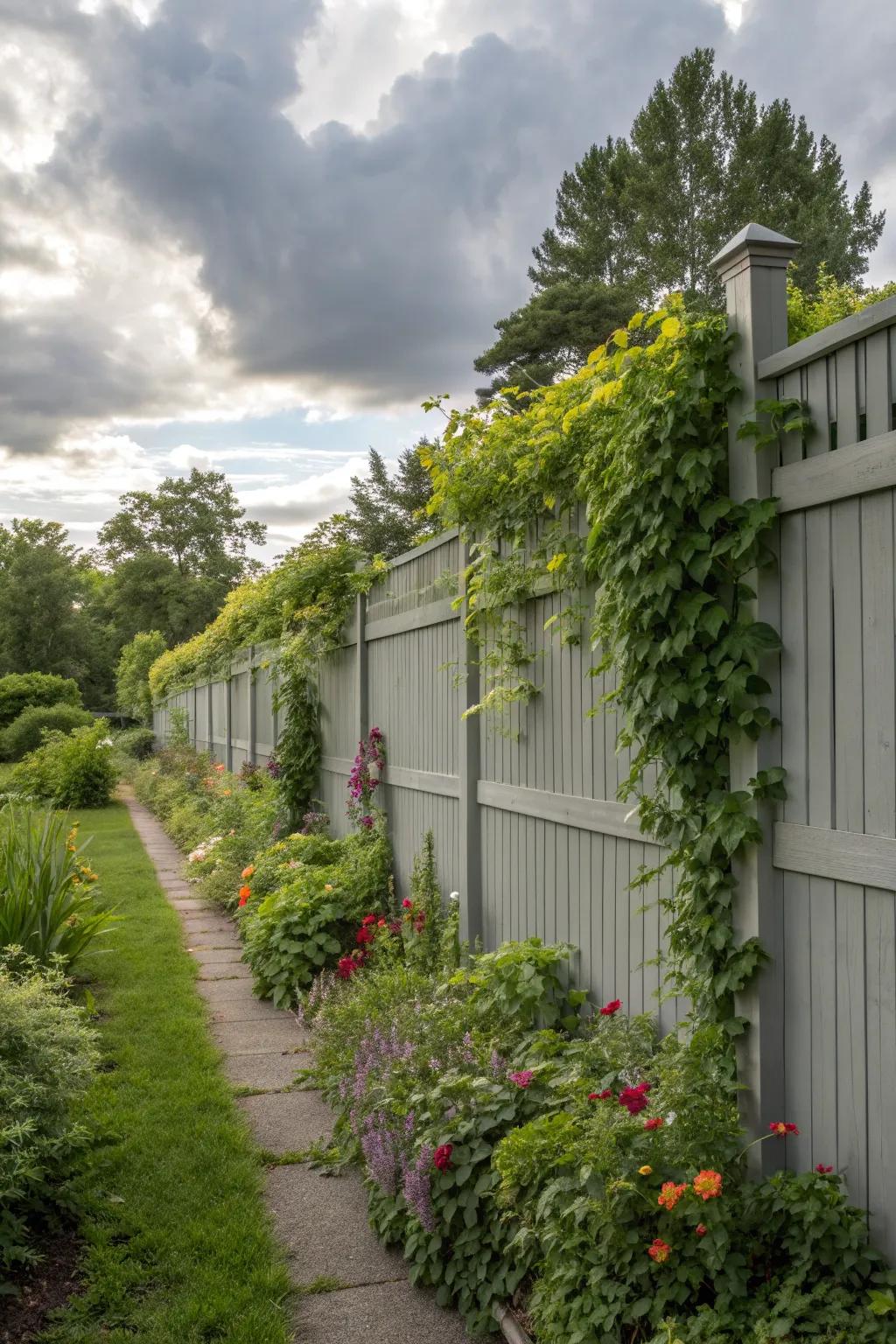 Transform your grey fence into a living wall with greenery.