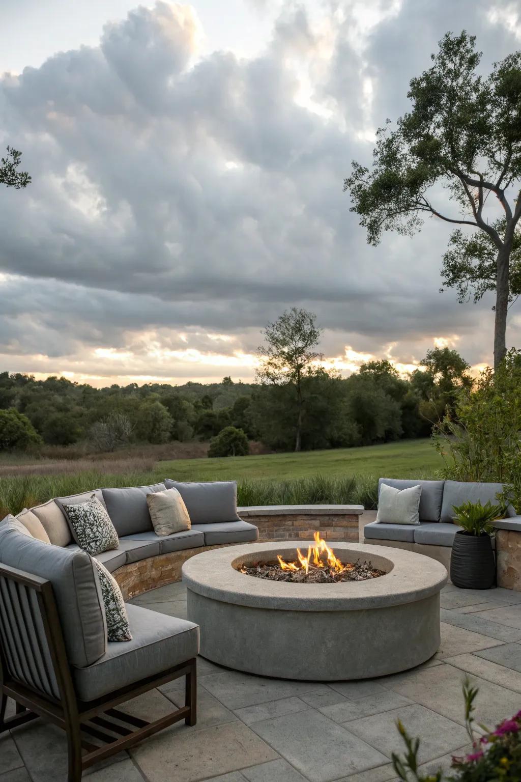 A stylish grey fire pit surrounded by comfortable seating, perfect for evening gatherings.