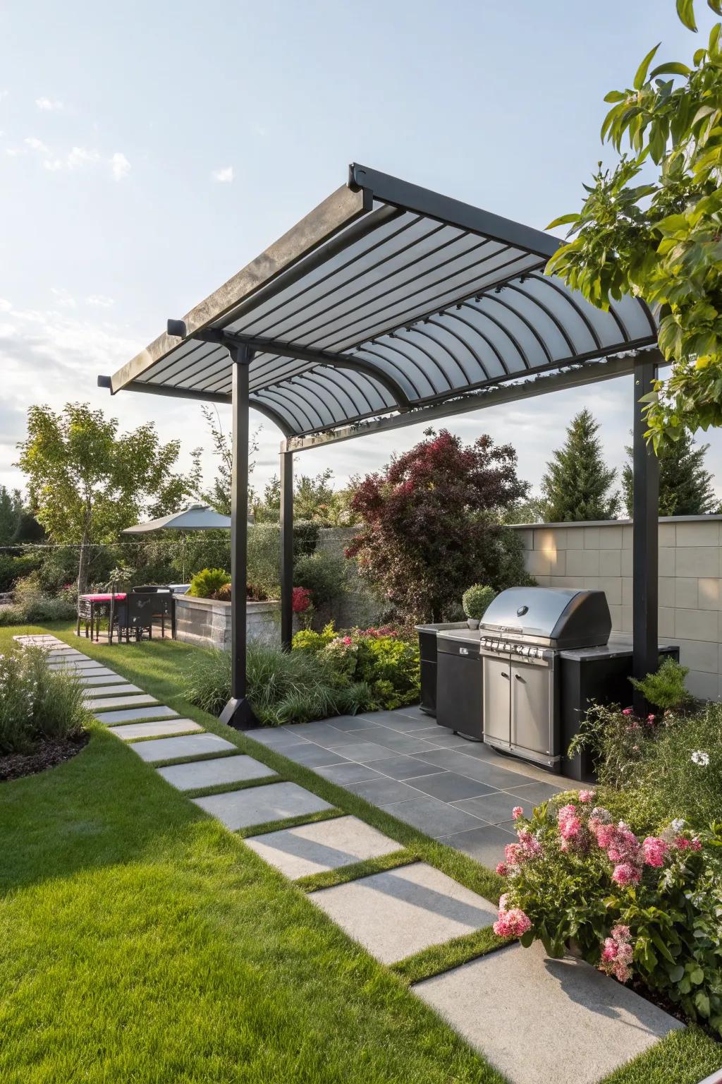 Achieve modern elegance with a sleek metal grill canopy.