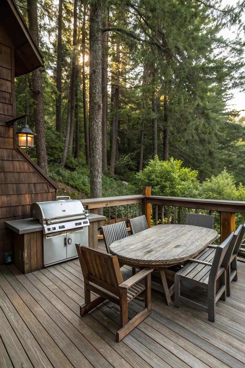 Warmth and nature come together on a classic wooden deck.