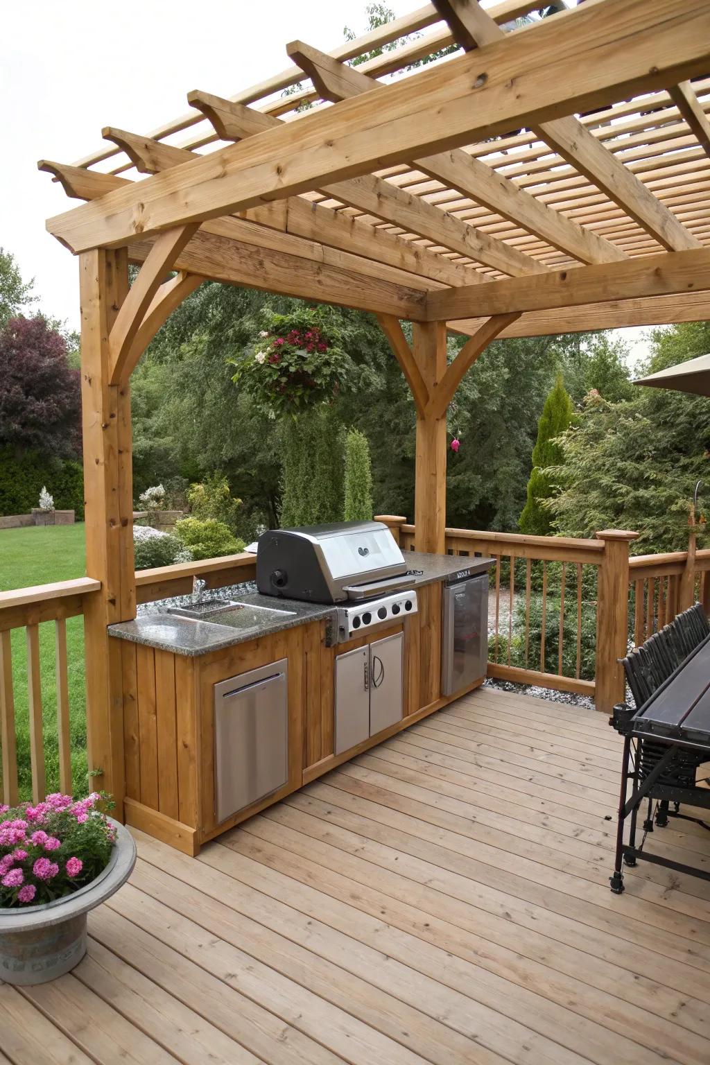 A stylish pergola providing shade to a deck grilling area.
