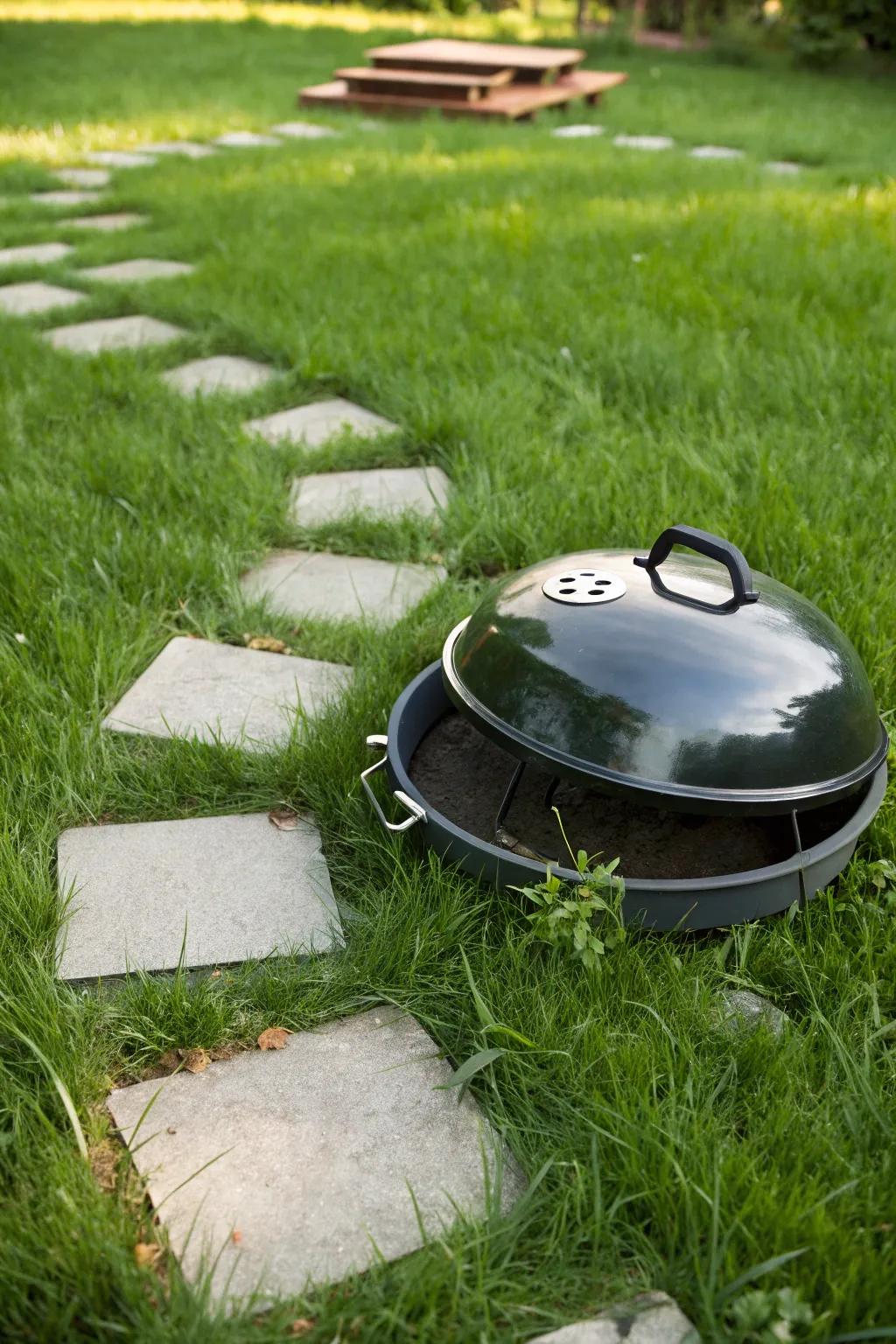 A grill pad that seamlessly integrates into a lush lawn.