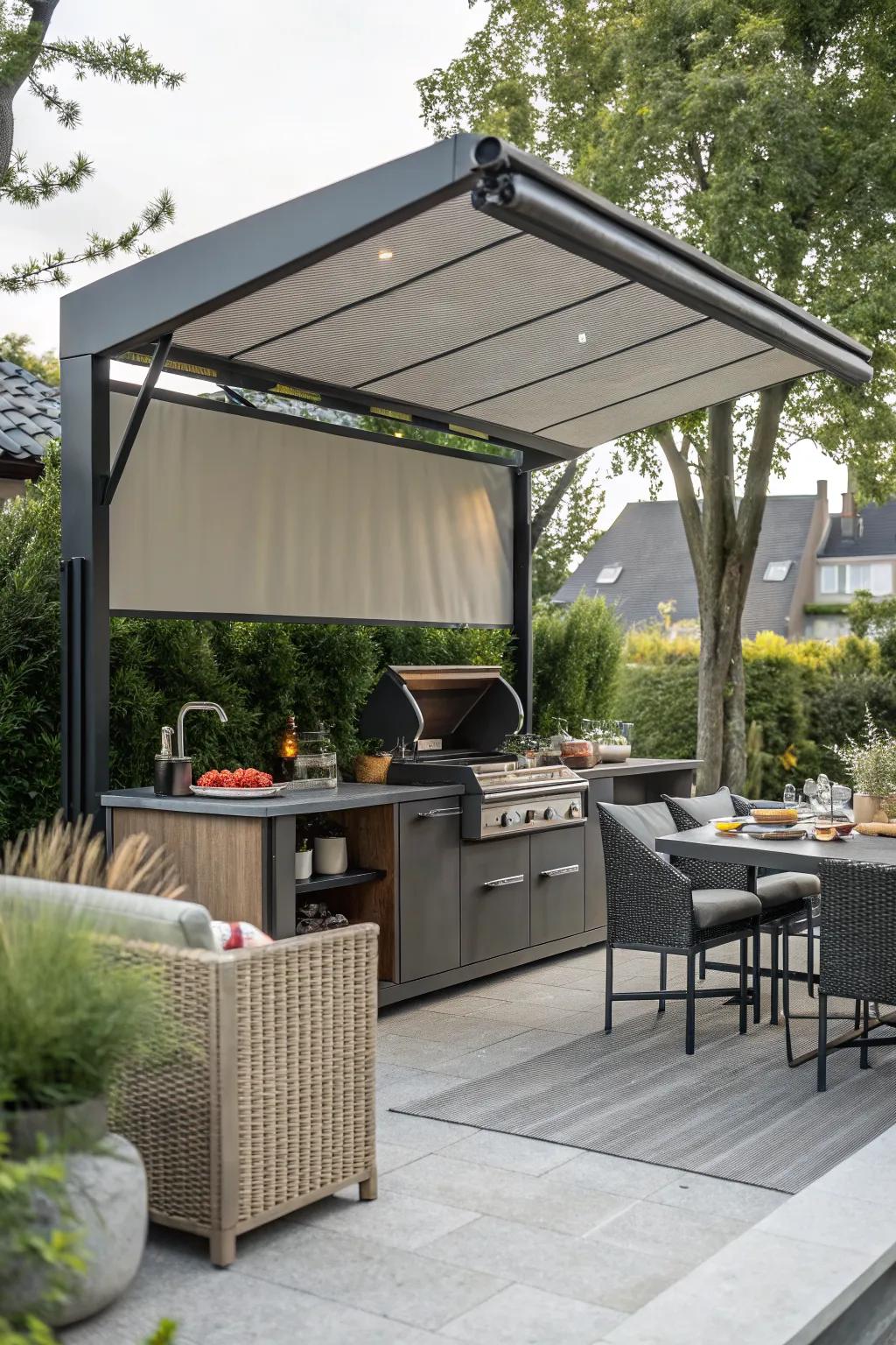 Enjoy flexible shading with a retractable awning over your grill.