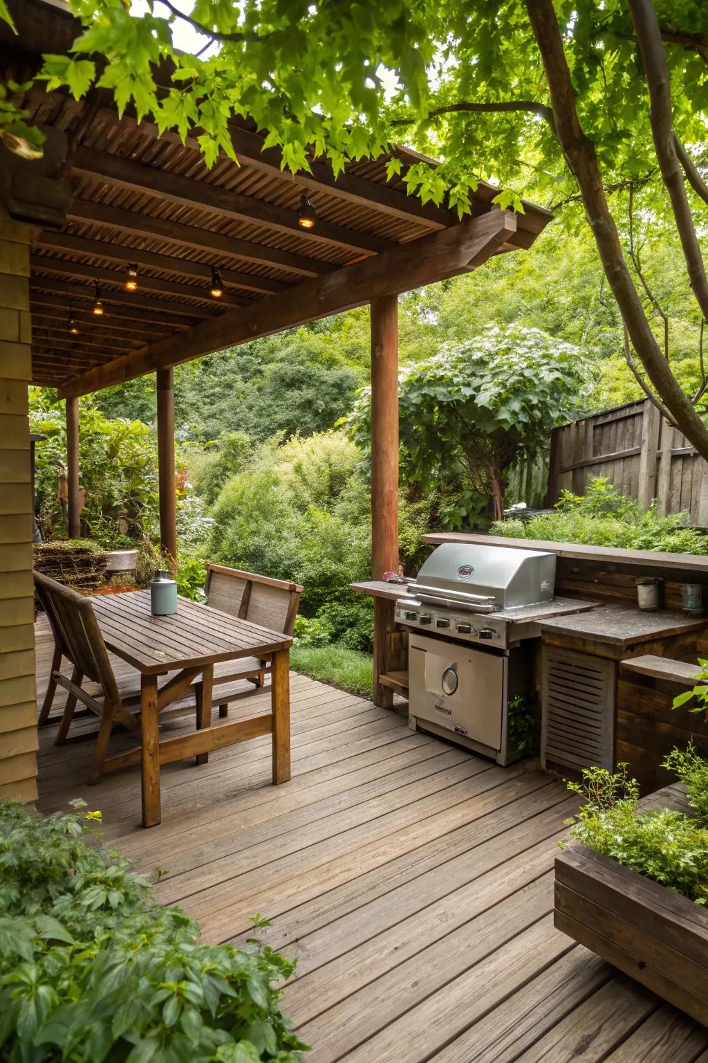 A charming wooden deck perfect for grilling and relaxation.