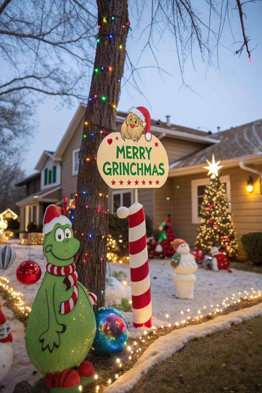 A Merry Grinchmas sign adds a playful touch to holiday yard decorations.