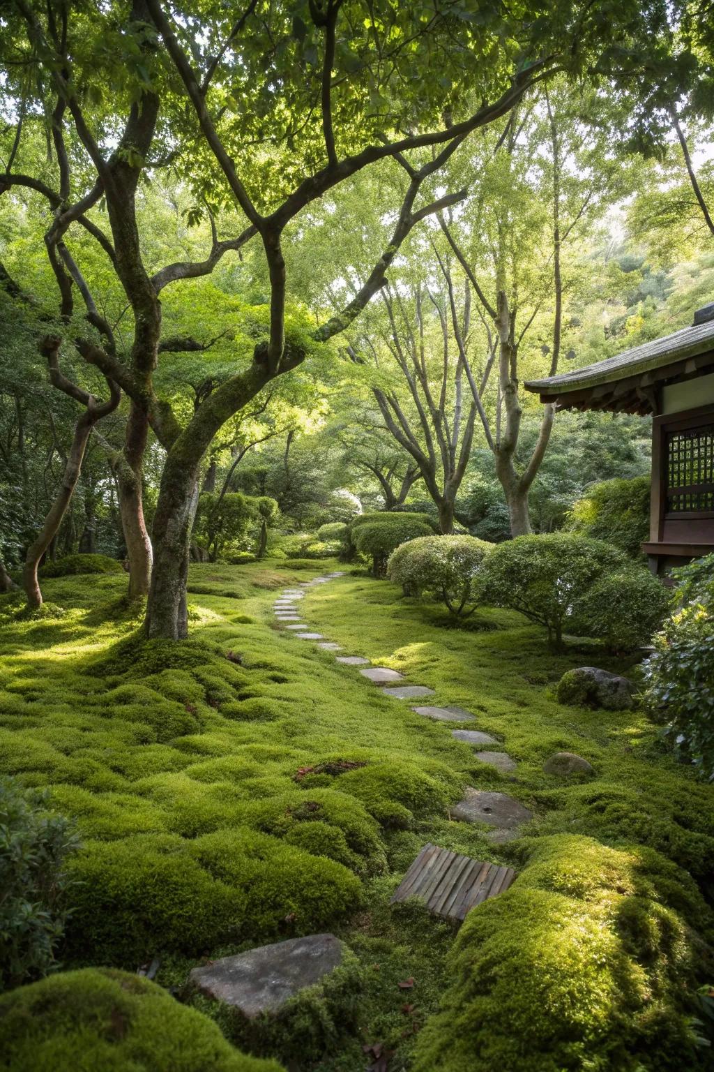 Moss carpets provide a soft, evergreen ground cover perfect for shaded areas.