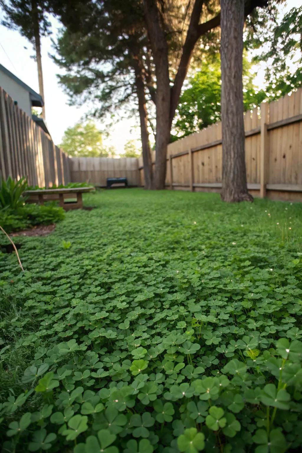 Backyard featuring a lush carpet of clover instead of mulch