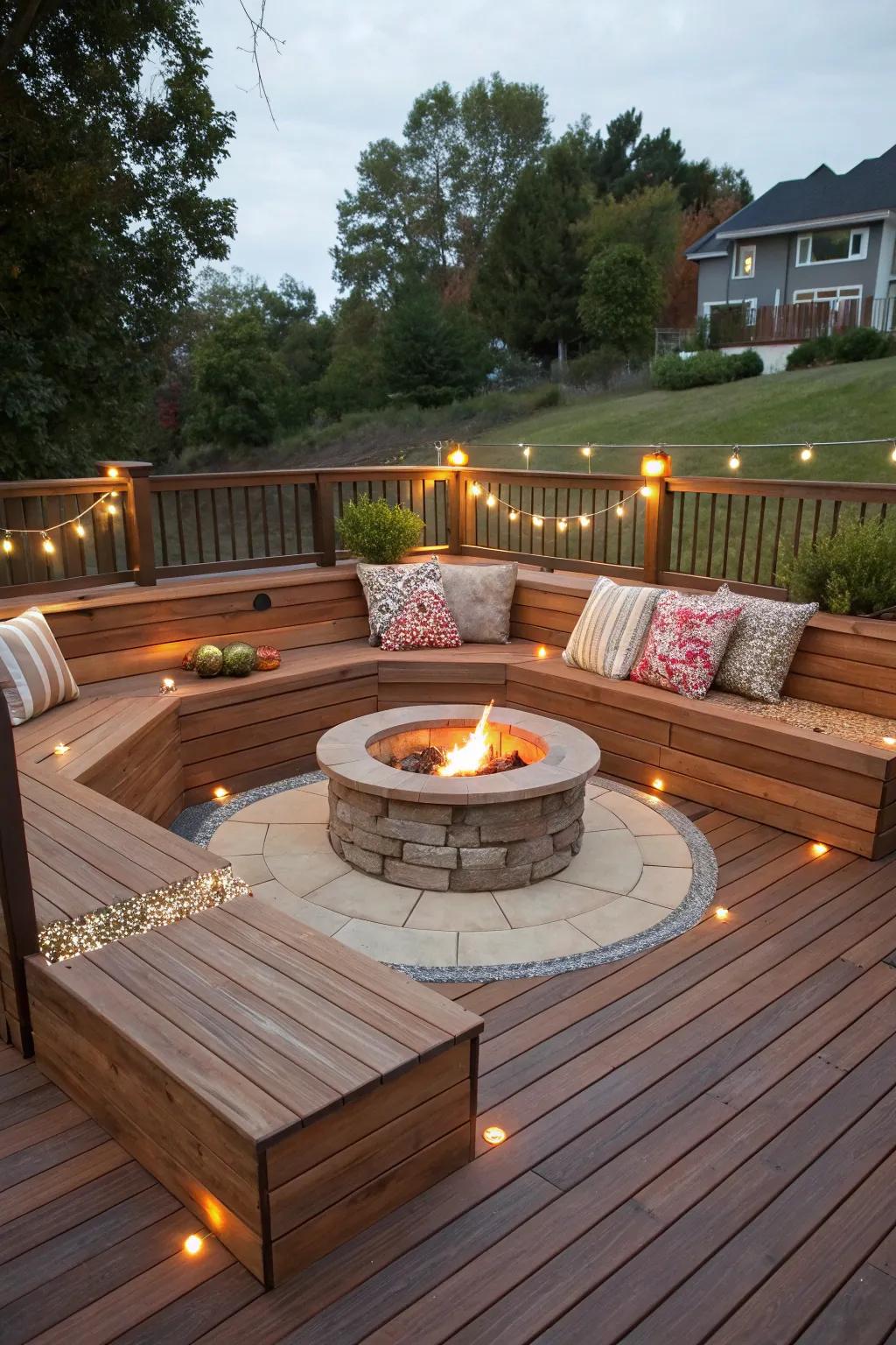Built-in seating offers a seamless look around the fire pit.
