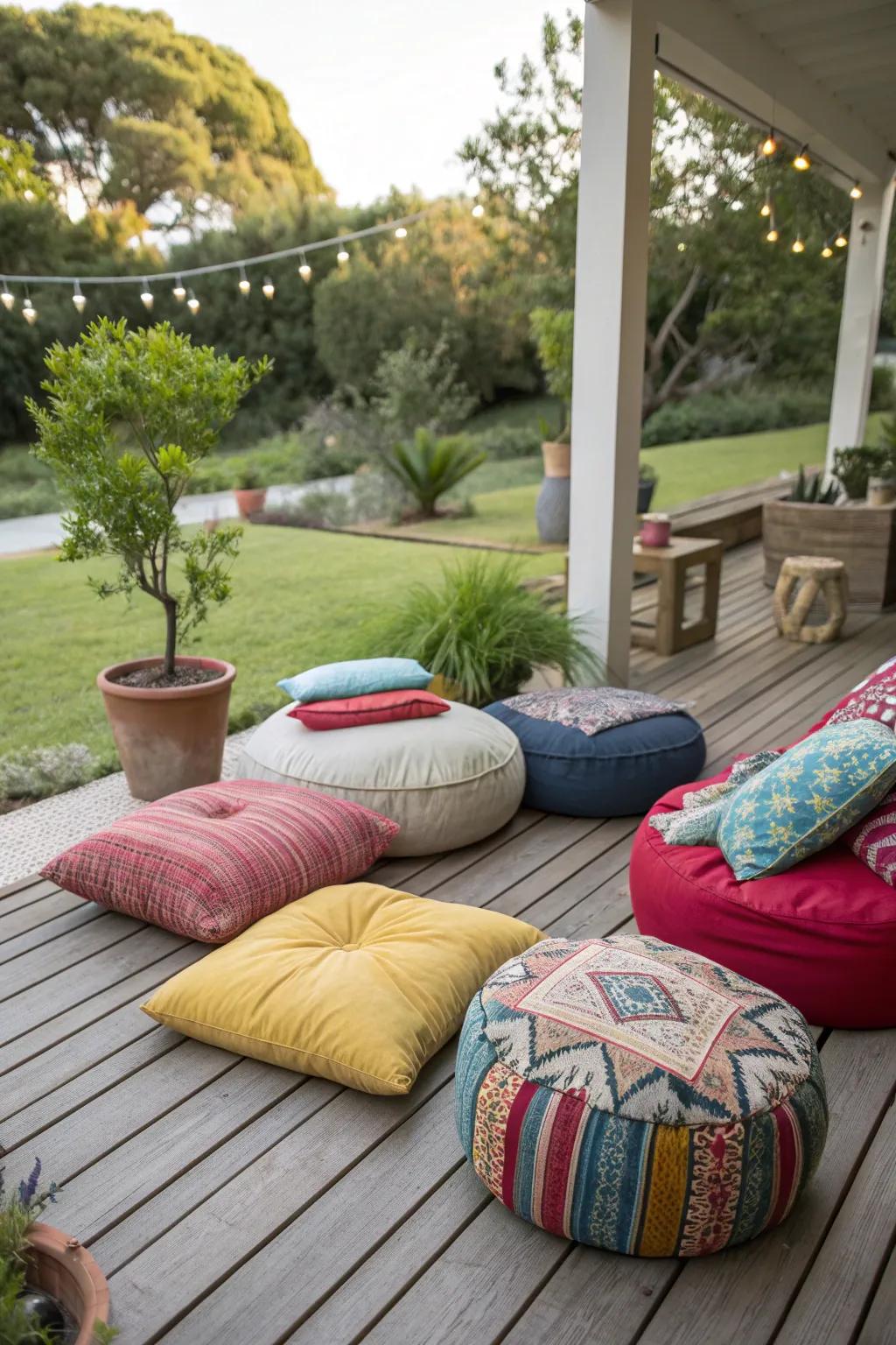 Layered seating area with cushions and poufs for a cozy feel.