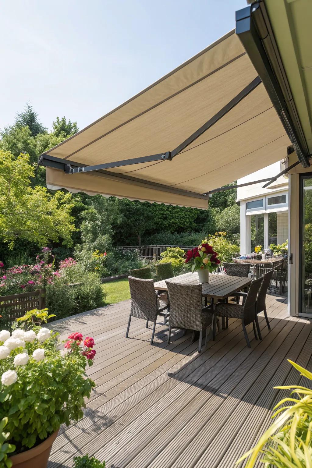 A versatile retractable awning that adapts to your sun and shade needs.