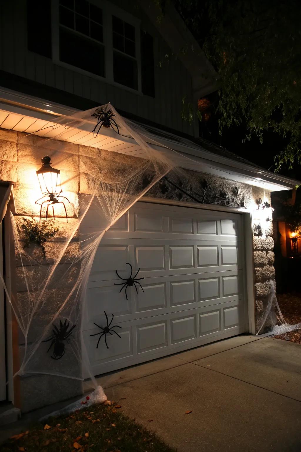 Create a haunted house entrance with spider webs and eerie lighting.