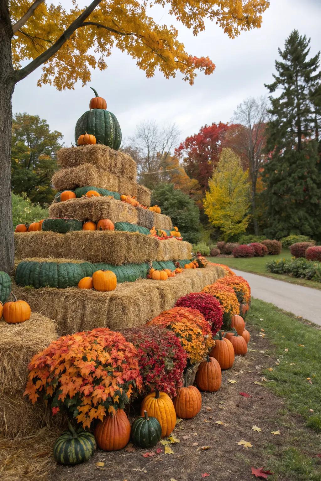 Create a pumpkin patch with stacked painted hay bales.