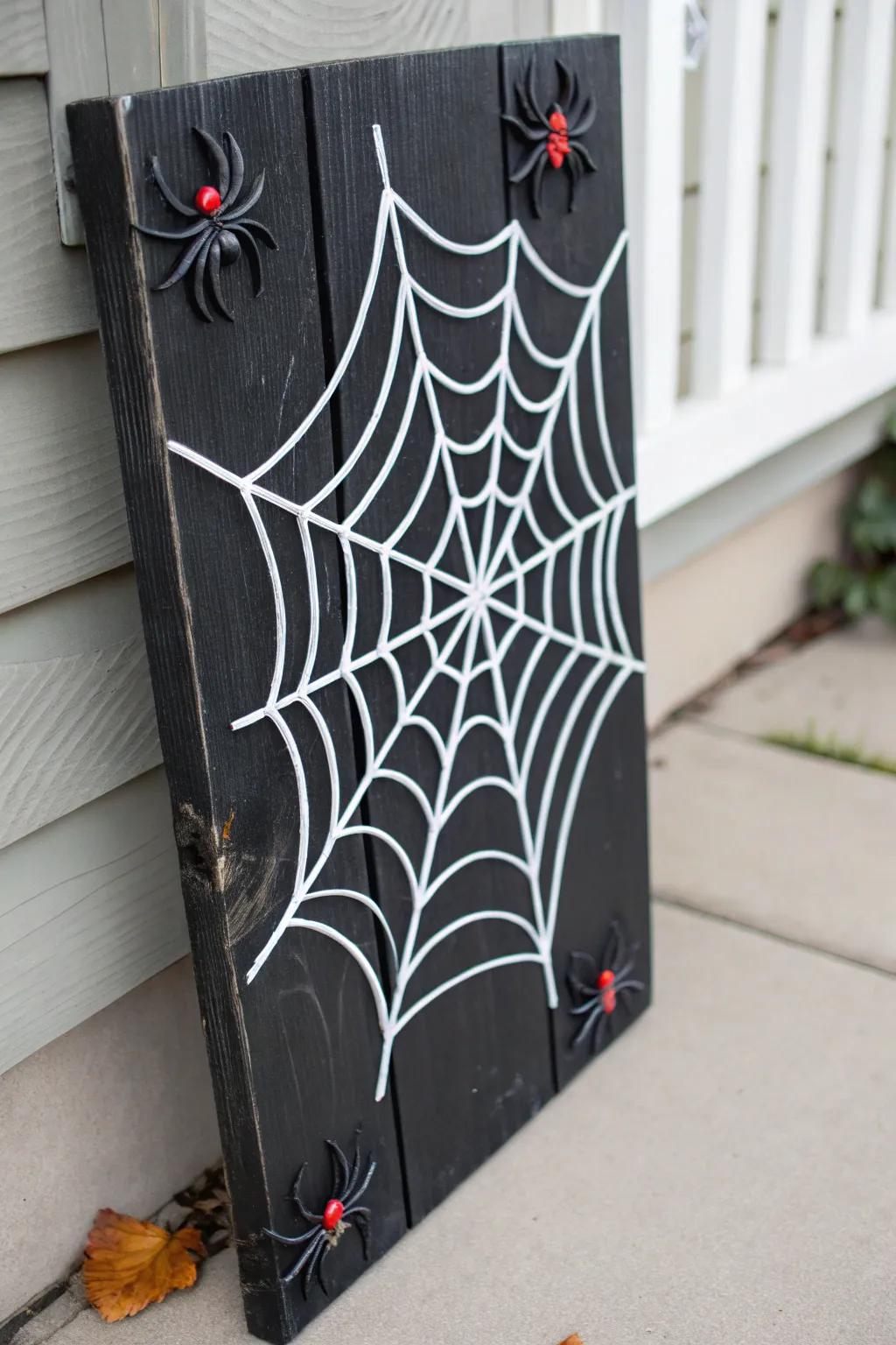 A spooky sign featuring a detailed spider web design.