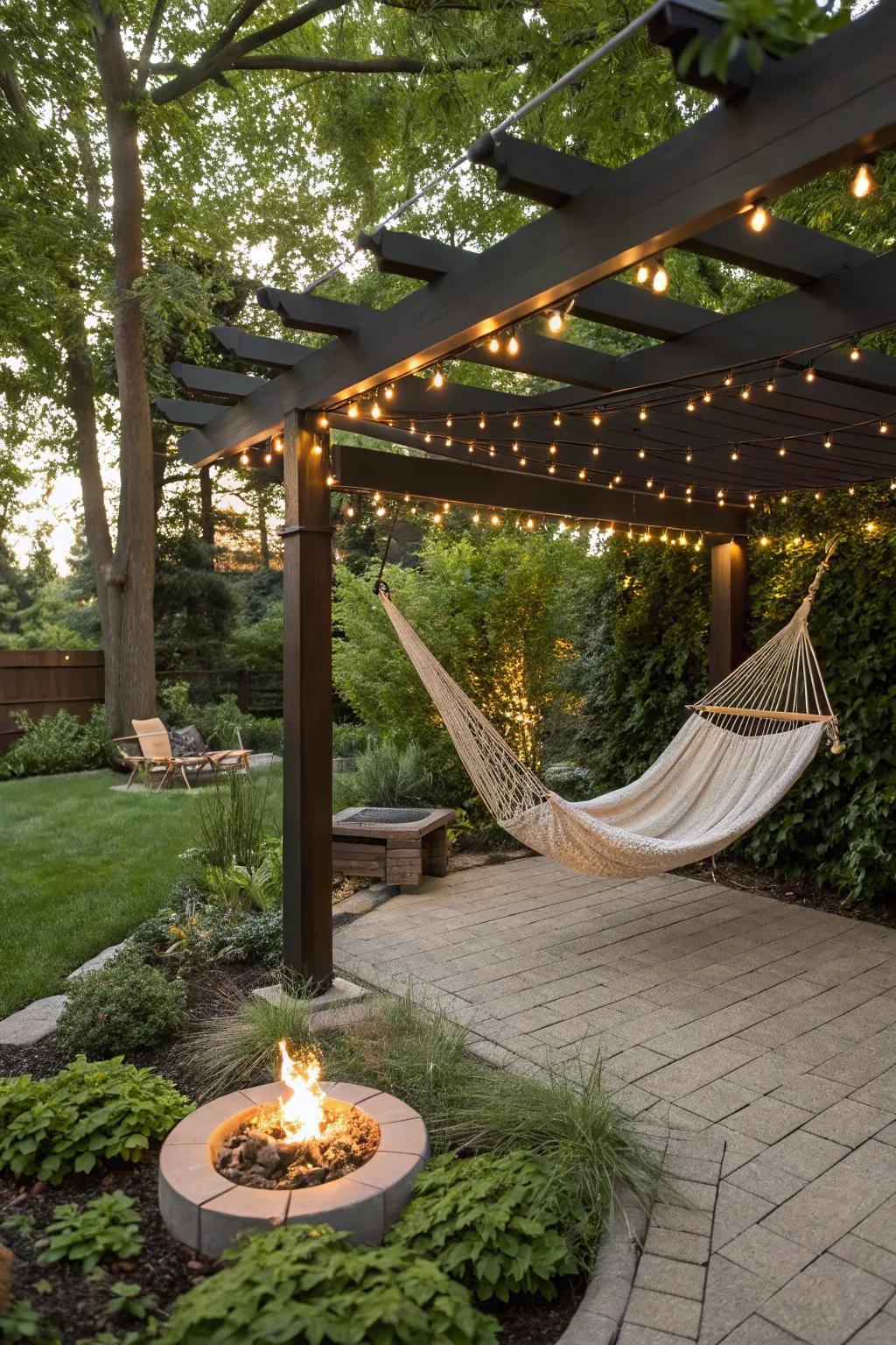 A pergola adds charm and functionality to your hammock and fire pit setup.