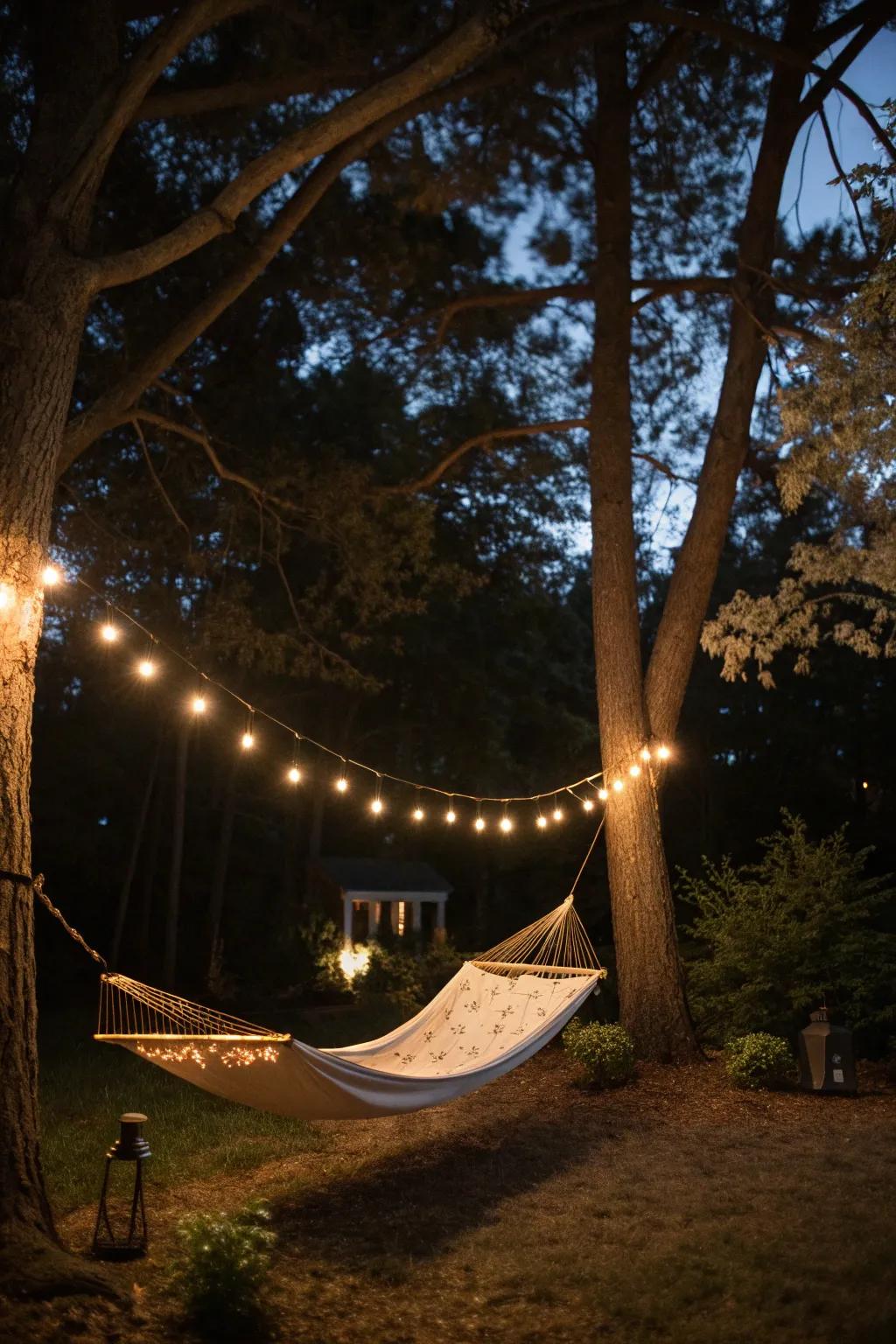 String lights add a touch of magic to your nighttime hammock lounging.