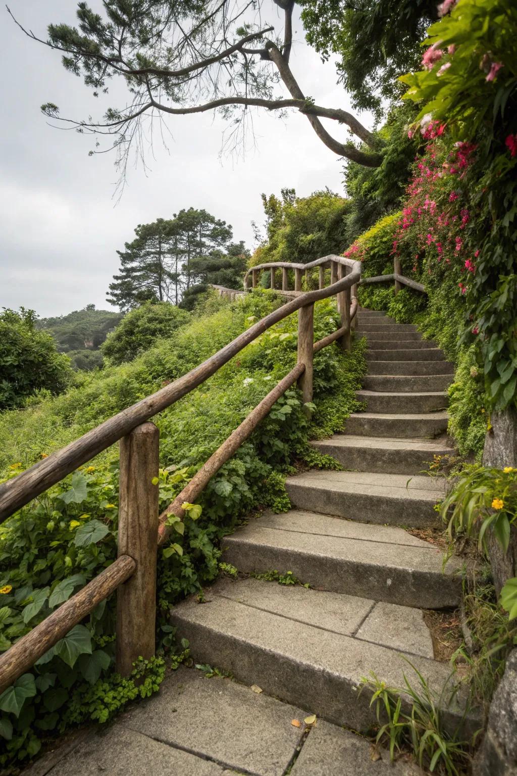 Wooden handrails offer warmth and charm to outdoor steps.