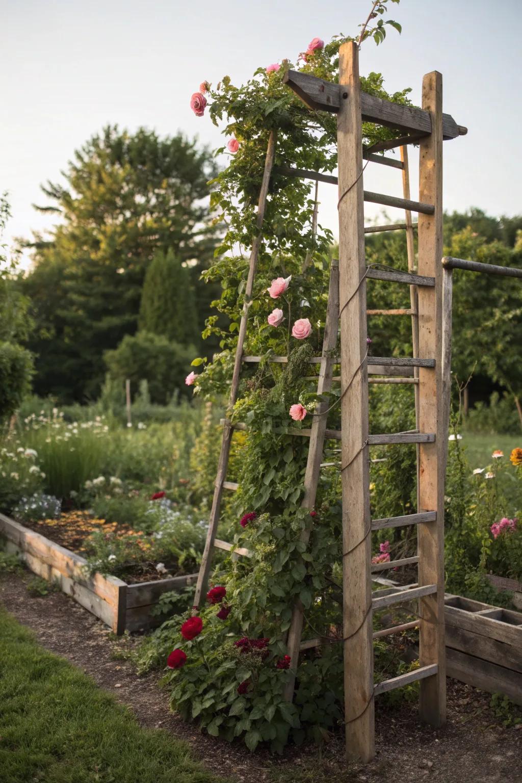 A wooden trellis supports an array of colorful climbing plants.