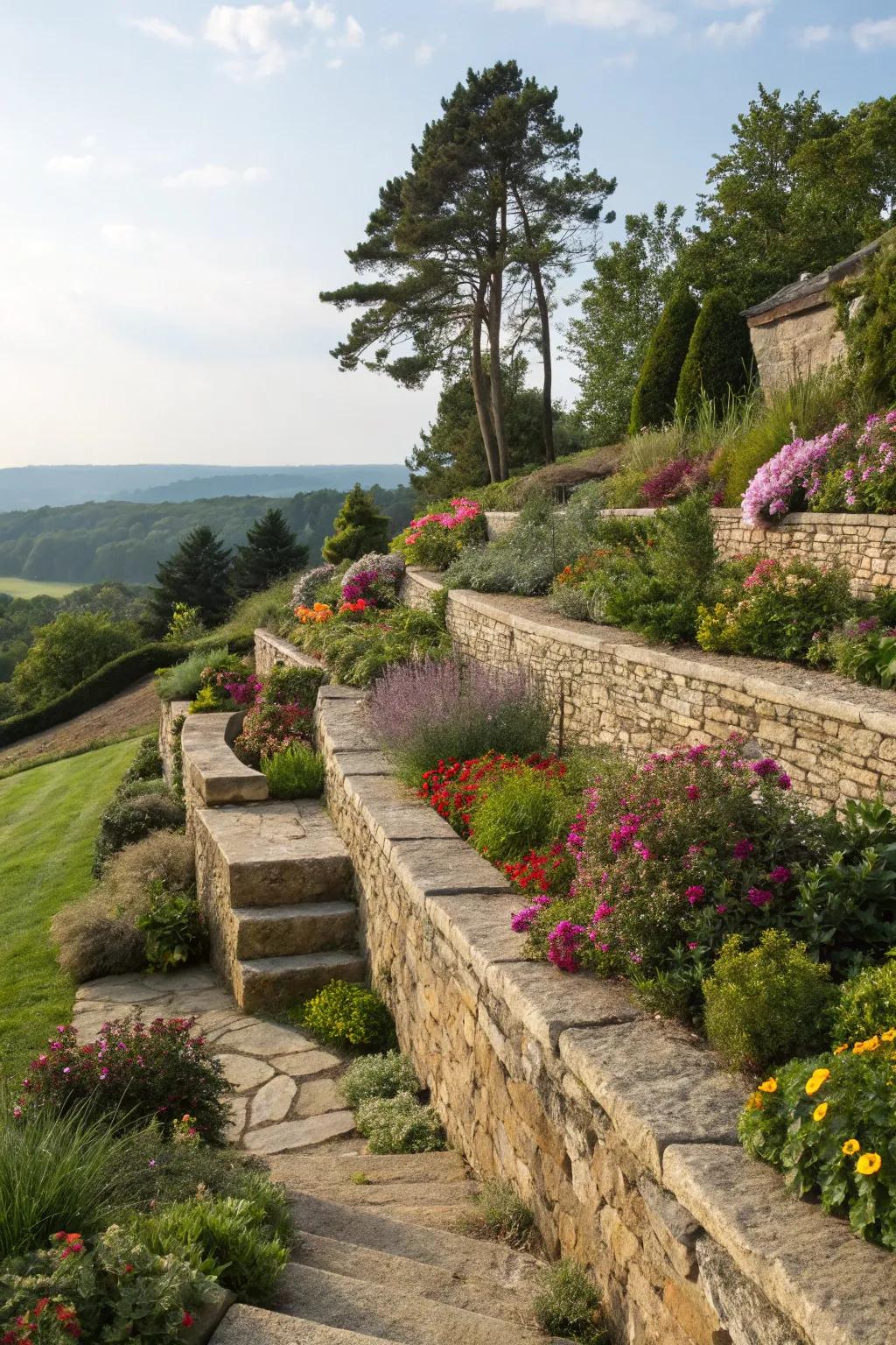 Terracing adds dimension and function to sloped gardens.