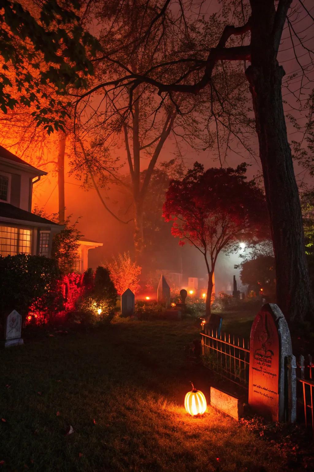 Eerie lighting transforms your yard into a haunting scene at night.