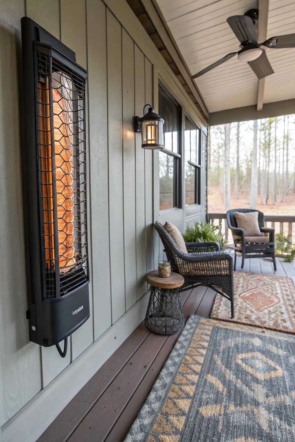 Chic and functional wall-mounted heater enhancing the porch's aesthetic.