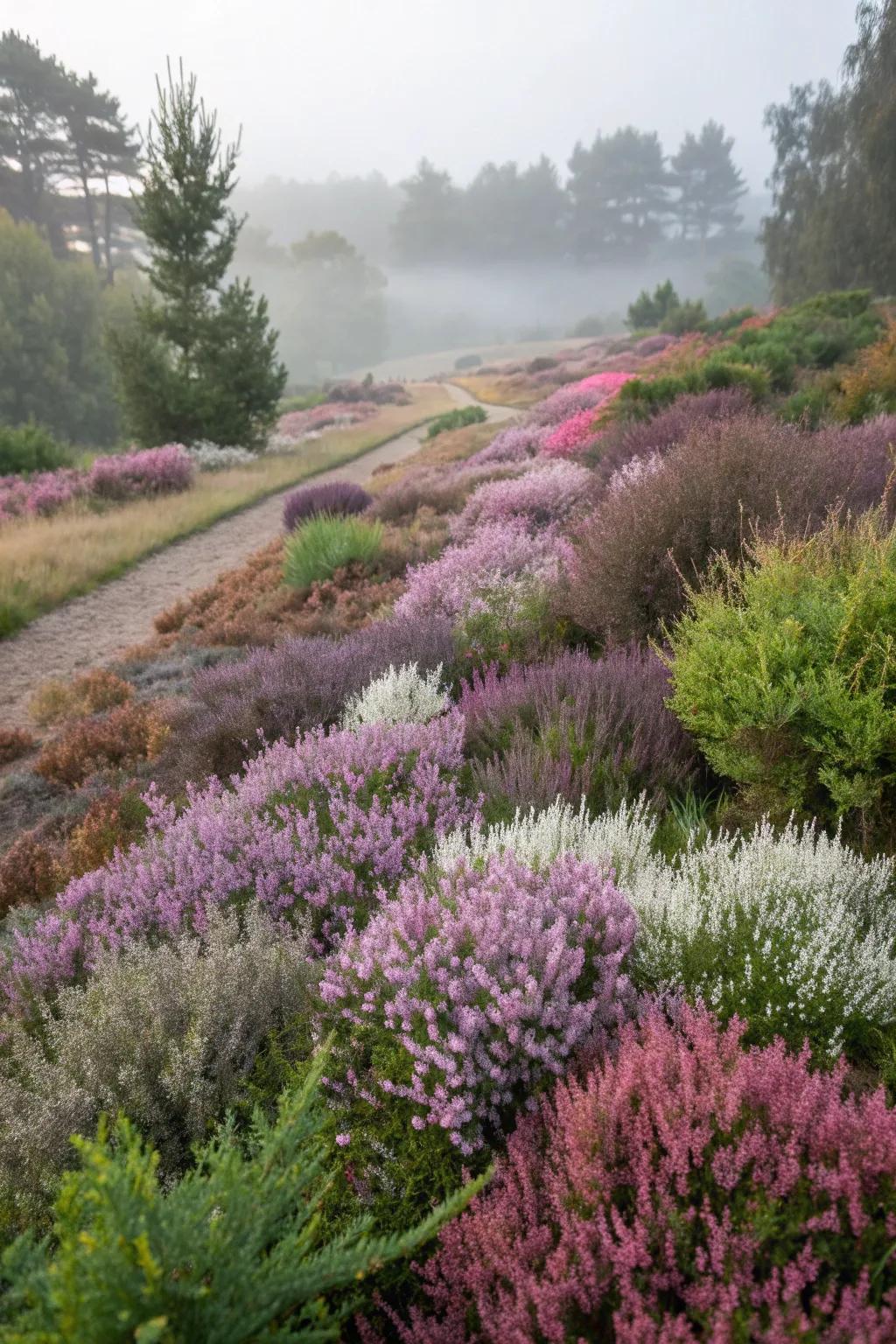 Heather plants used as colorful ground cover in a garden.