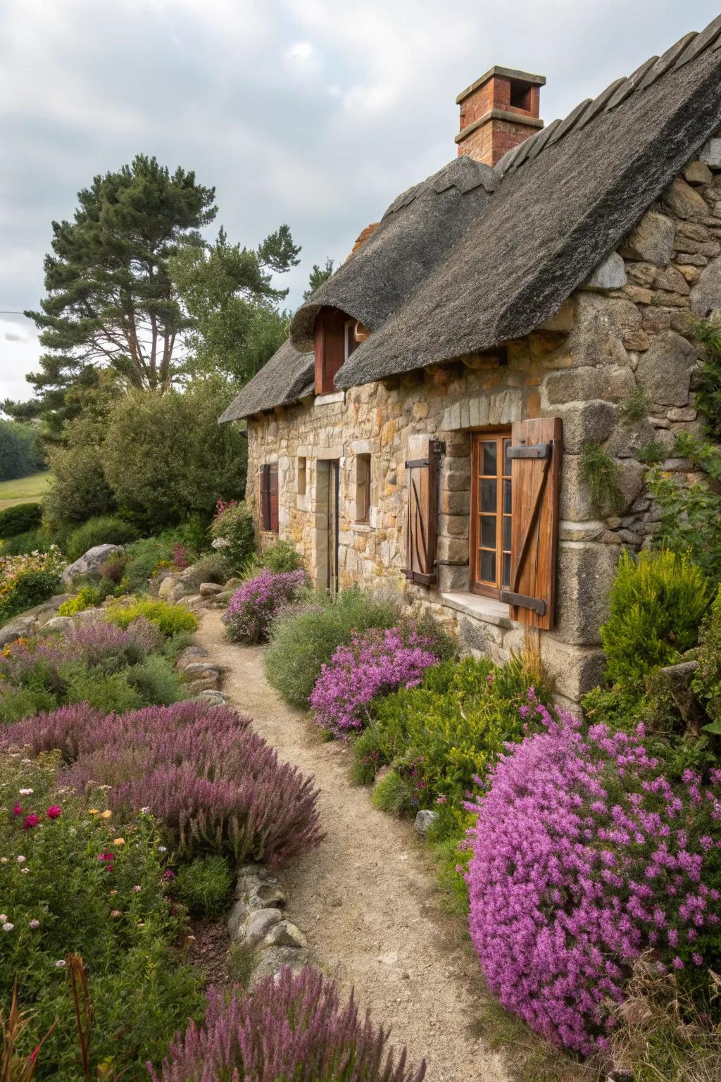 Heather plants enhancing the charm of a rustic cottage garden.