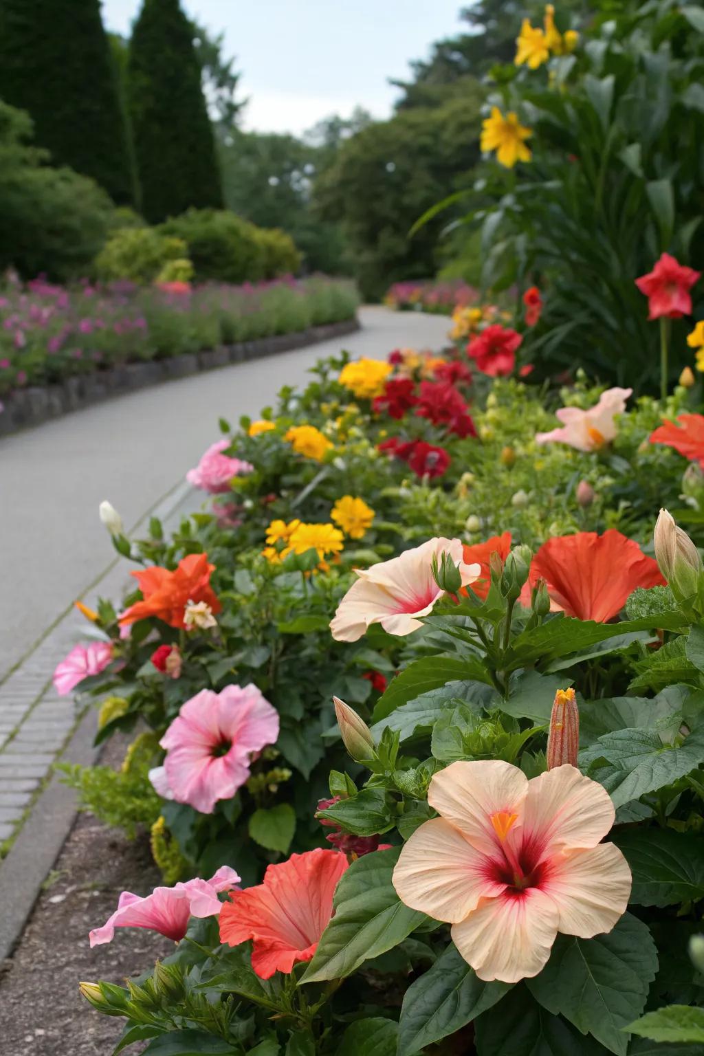 Mix hibiscus with other flowers for a stunning and diverse garden bed.