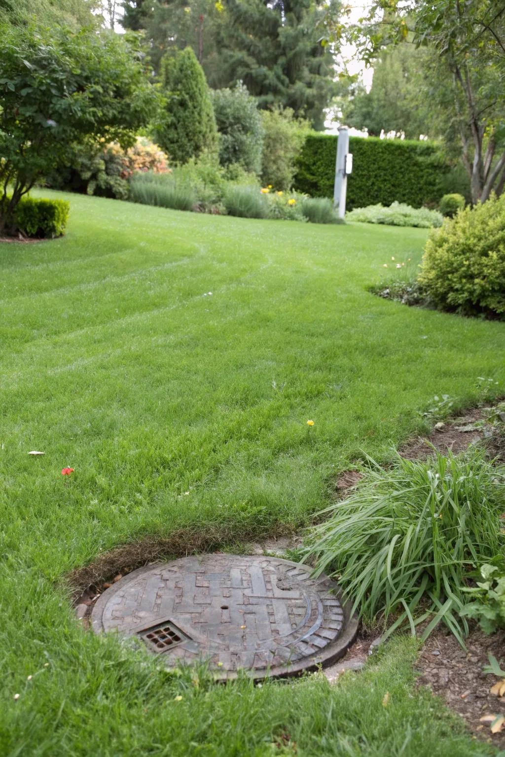 Blend your septic tank cover into your lawn by surrounding it with lush grass.
