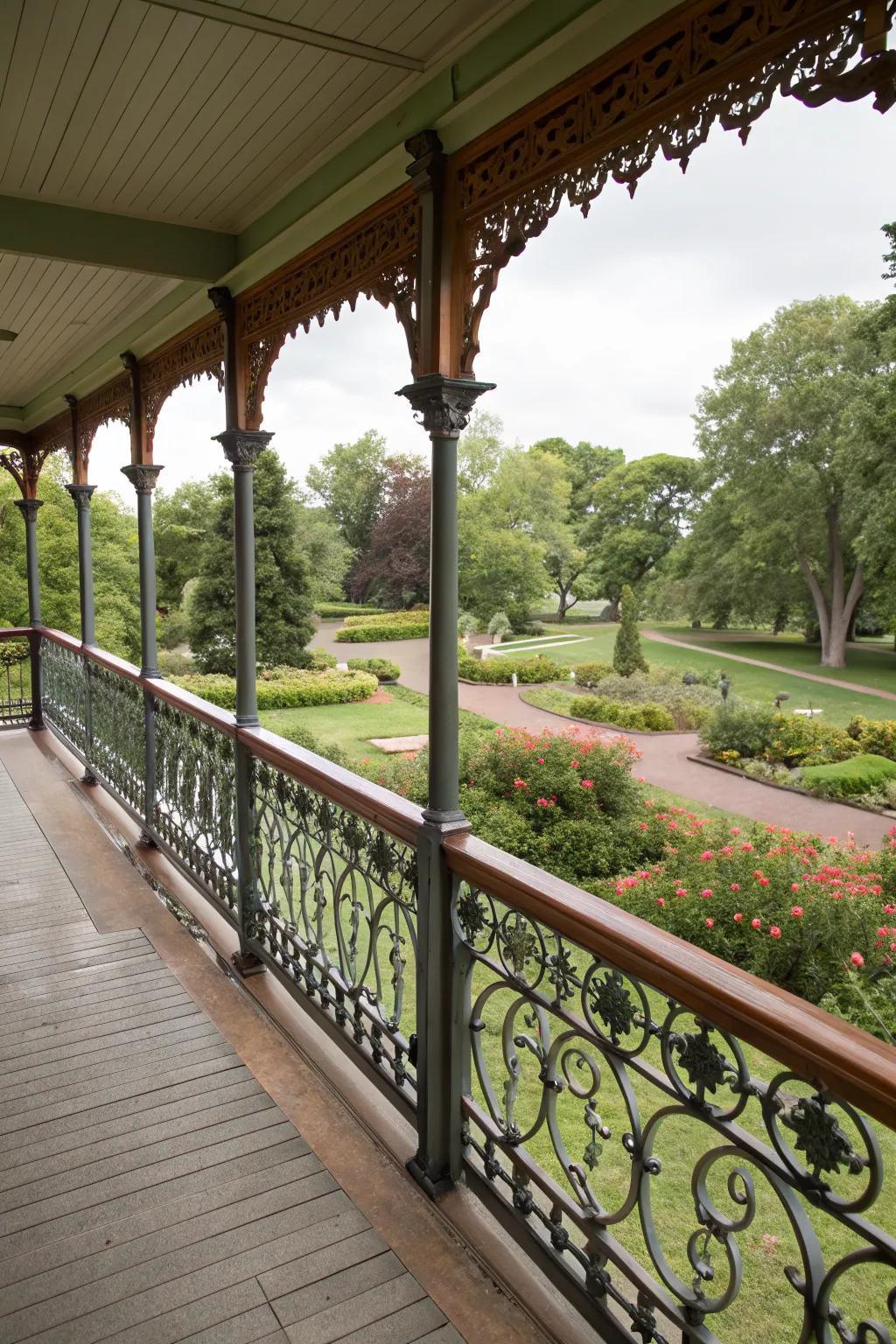 Decorative railings on a high porch, providing safety and style.