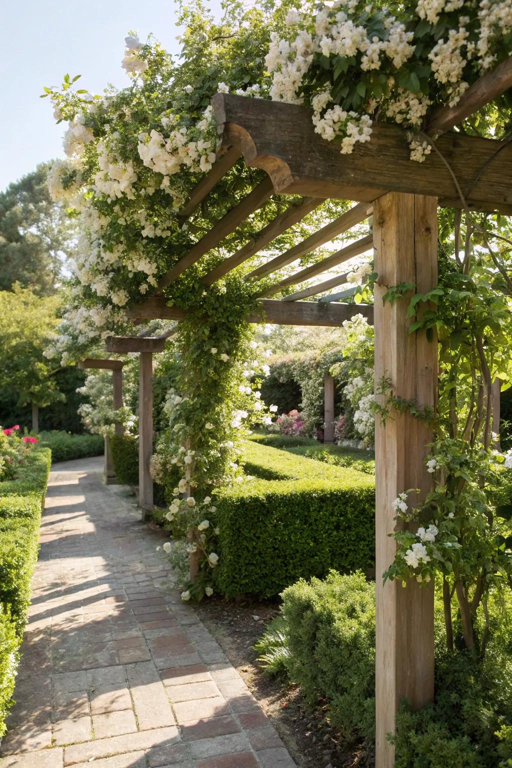 Trellises with climbers create a natural and beautiful privacy screen.