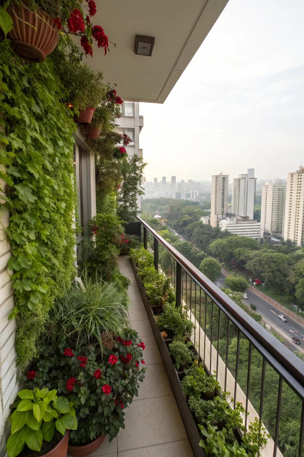 Lush greenery enhances the natural ambiance of this high-rise balcony.