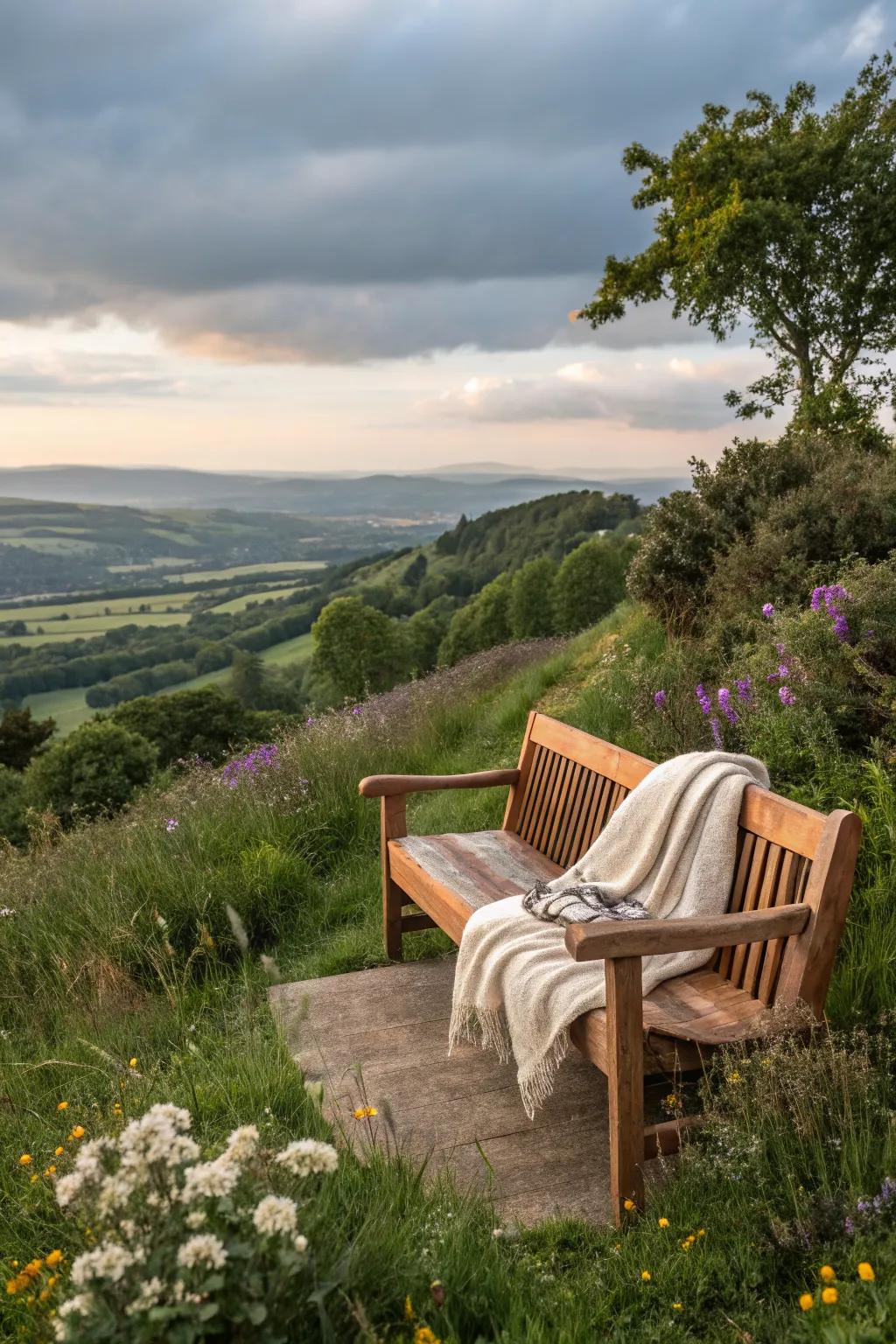 Enjoy the view from a cozy hillside seating area.