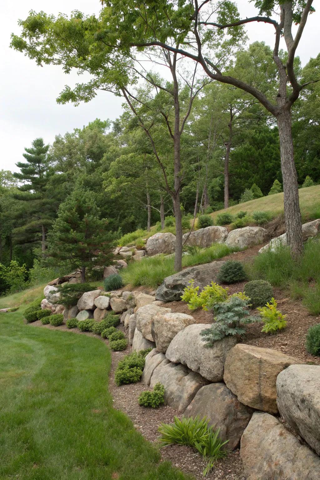 A natural fusion of boulders and existing vegetation creates a cohesive landscape.