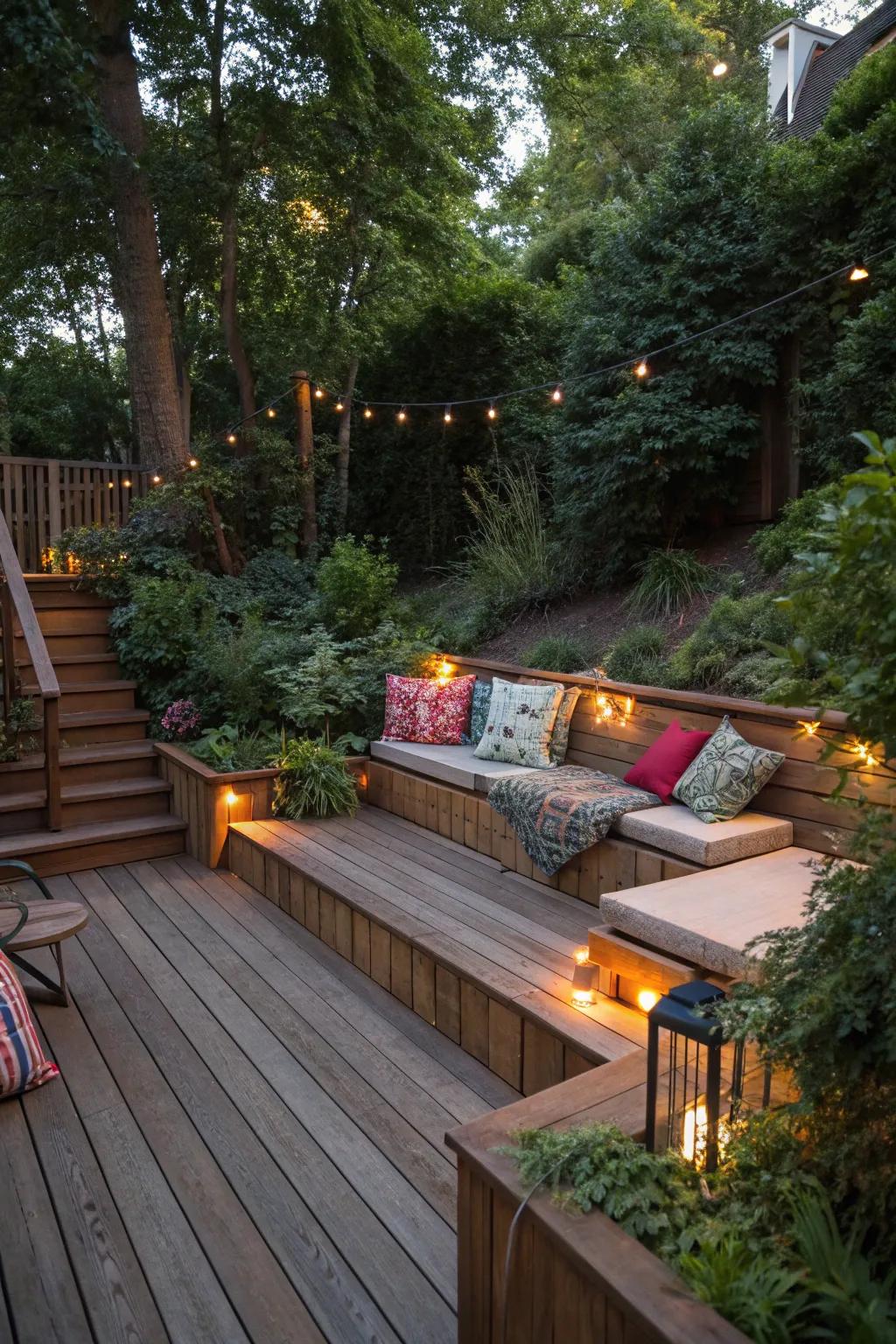 Integrated seating transforms a deck into a welcoming retreat.