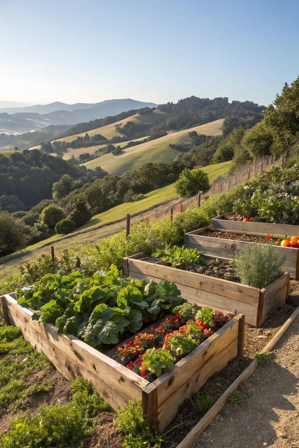 Raised beds on a slope manage both aesthetics and functionality.