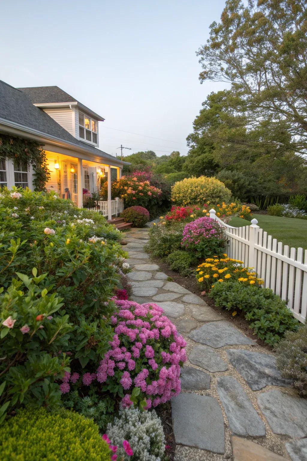 A vibrant garden with a mix of holly bushes and flowering shrubs.