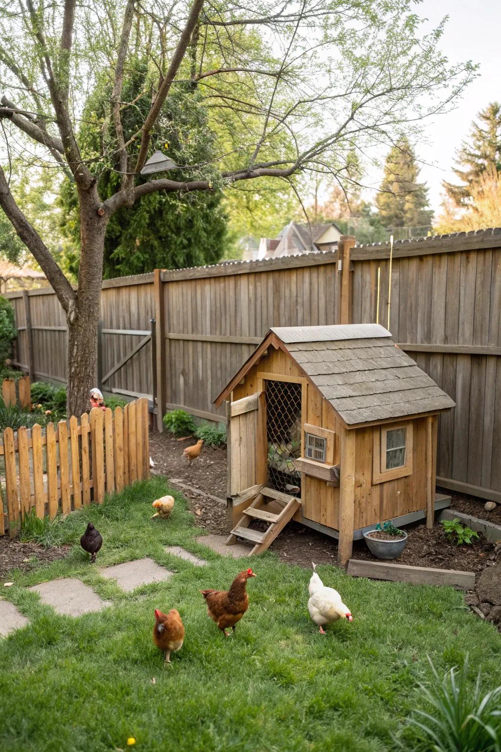 Cluck, cluck: Backyard chickens enjoying their cozy coop.